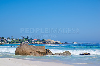 Buy stock photo Outdoor, rocks and water in paradise, beach and scenery of environment, waves and summer in destination. Sea, stones and location of ocean, tropical and adventure in morning, nature and California