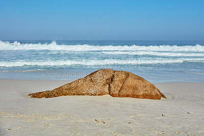 Buy stock photo Waves, rocks and water in nature, sea and scenery of environment, outdoor and summer in destination. Beach, stones and location of ocean, tropical and adventure in morning, paradise and California