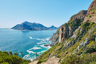 Buy stock photo Landscape, mountain and environment with beach and ocean for waves, travel destination or tropical. Summer vacation, water and nature with sea horizon for mediterranean coastline, holiday or paradise