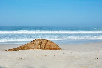 Buy stock photo Paradise, rocks and water in nature, beach and scenery of environment, waves and summer in destination. Sea, stones and location of ocean, tropical and adventure in morning, outdoor and California