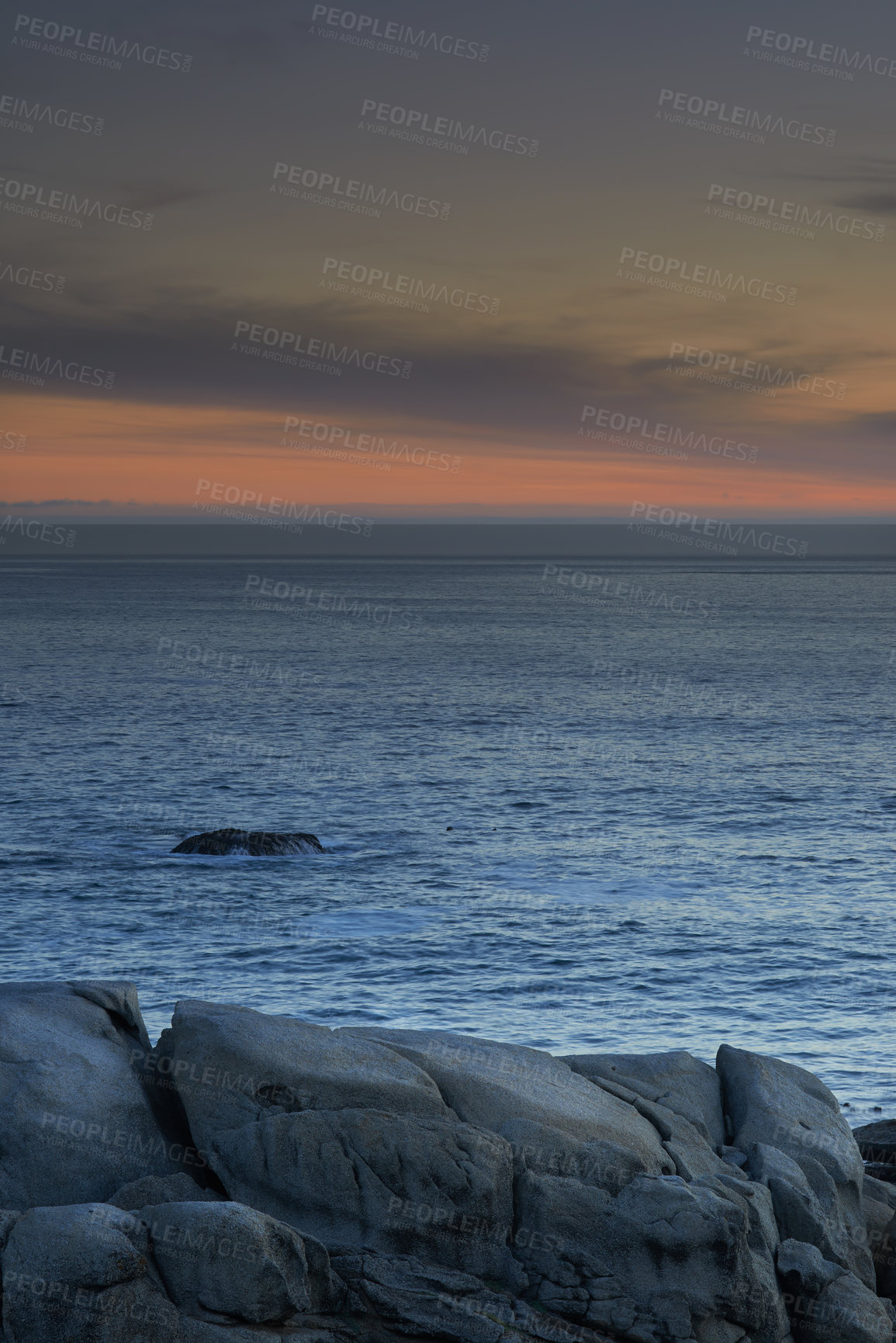 Buy stock photo Nature, sunset and rock with beach and ocean for environment, travel destination and tropical. Summer vacation, water and landscape with sea horizon for mediterranean coastline, holiday and paradise