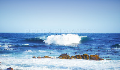 Buy stock photo Landscape, waves and horizon with beach and ocean for environment, travel destination and tropical. Summer vacation, water and nature with rocks for mediterranean coastline, holiday and paradise