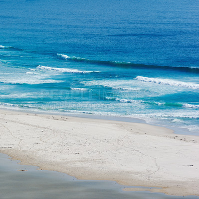 Buy stock photo Seascape, waves and drone with beach and ocean for environment, travel destination and tropical. Summer vacation, water and nature with sea horizon for mediterranean coastline, holiday and paradise