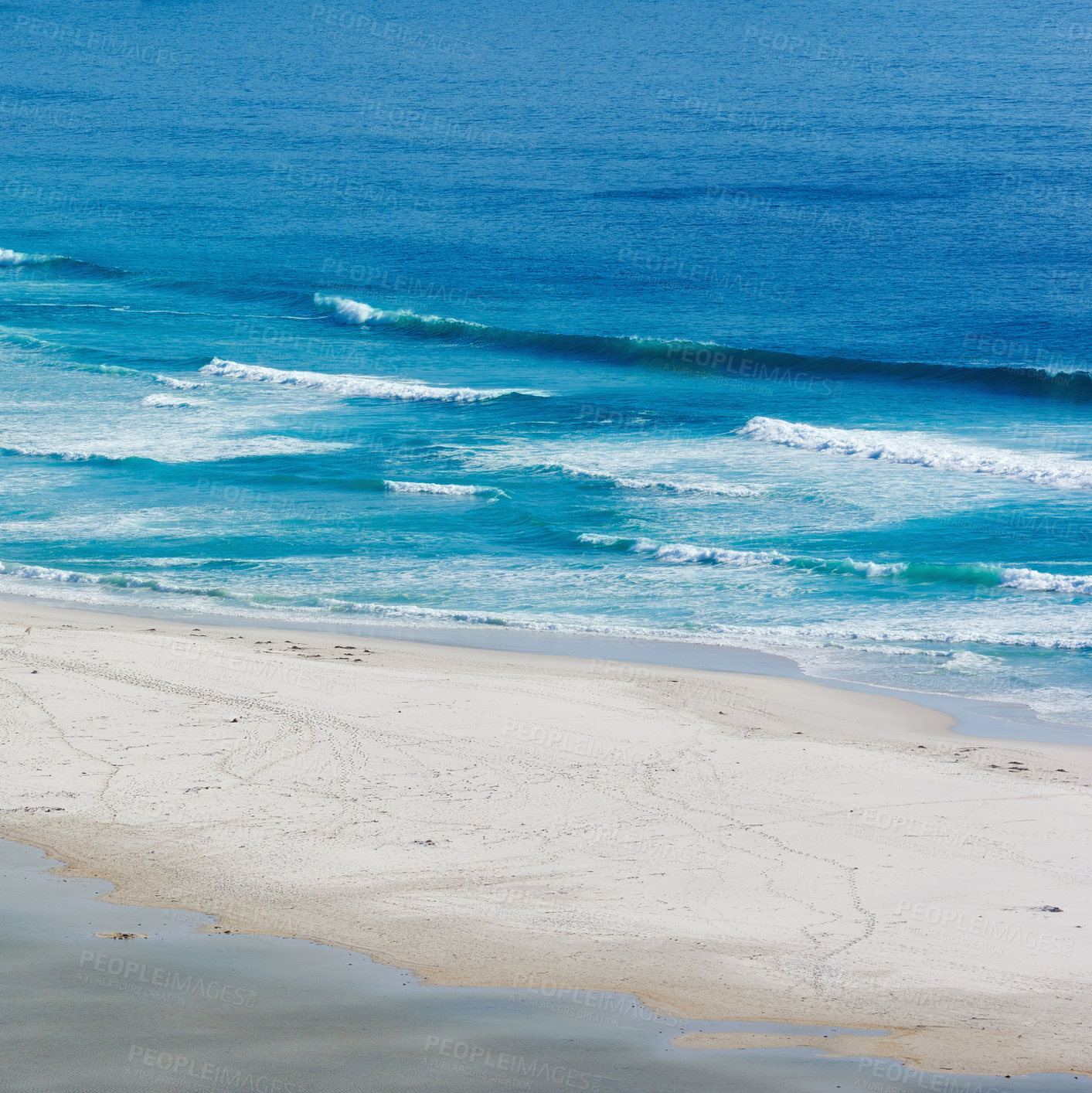 Buy stock photo Seascape, waves and drone with beach and ocean for environment, travel destination and tropical. Summer vacation, water and nature with sea horizon for mediterranean coastline, holiday and paradise