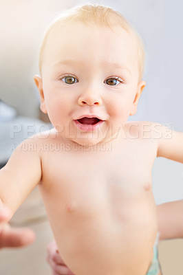 Buy stock photo Baby, smile and portrait of child in home for growth, development and positivity in morning. Infant, kid and relax with happiness in nursery for comfortable, peace and rest in wellbeing on weekend