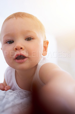 Buy stock photo Selfie, portrait and happy baby pov in house for development, growth and curious on weekend holiday. Learning, online and childhood perspective for social media, profile picture and childcare.