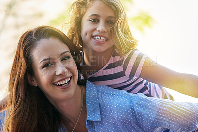 Buy stock photo Mom, girl and piggyback in portrait for outdoor games, excited and fun in sun for bonding, love and support. Happy family or parent playing with child for mothers day in nature or park for adventure