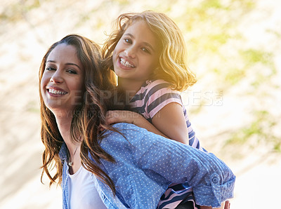 Buy stock photo Mom, girl and piggyback in portrait in nature for games, travel and fun in sun with bonding, love and support. Happy family or parent playing with child for mothers day outdoor, park or adventure