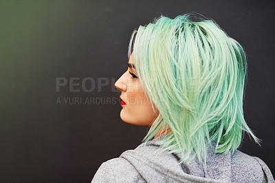 Buy stock photo Mint green, back and woman with hair care, confidence, and trendy with cancer awareness project on dark studio background. Style, rear view and girl with color and grooming with punk, model and gen z