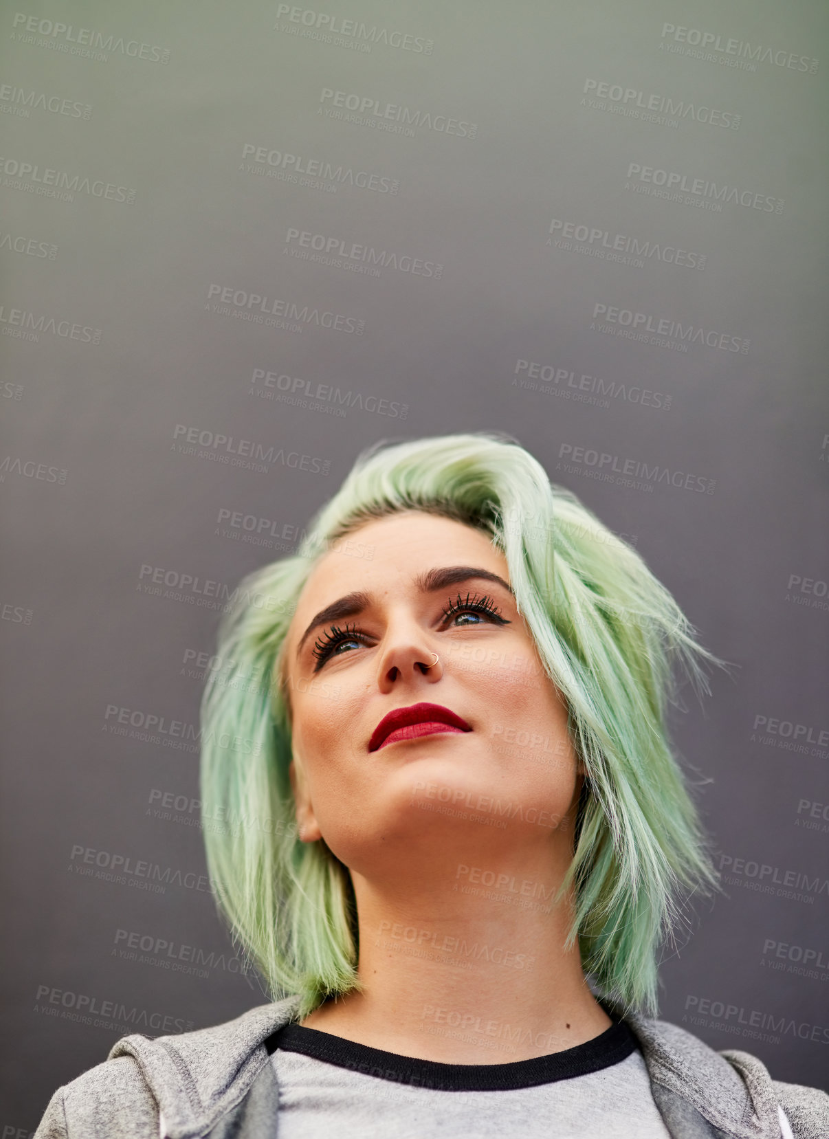 Buy stock photo Beauty, green hair and mockup with woman in studio isolated on gray background for thinking. Face, idea and punk rock person with dye hairstyle for creative inspiration or future vision on space