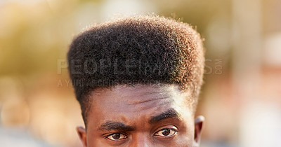 Buy stock photo Black man, portrait and eyes for haircut in outdoors, afro and curly hairstyle in city. Male person, high top fade and fresh cut for aesthetic, college student and beauty or cosmetics for hair