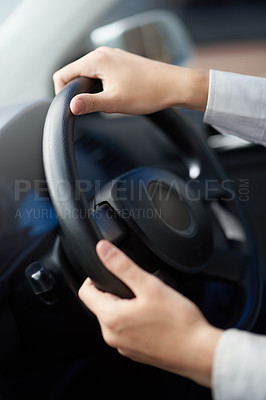 Buy stock photo Hands, travel and driver in car with steering wheel for vacation, holiday or trip in motor vehicle. Closeup, dashboard and person in transport on journey for adventure, commute or speed in automobile