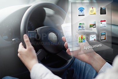 Buy stock photo Cropped shot of a businessman using a mobile phone while driving