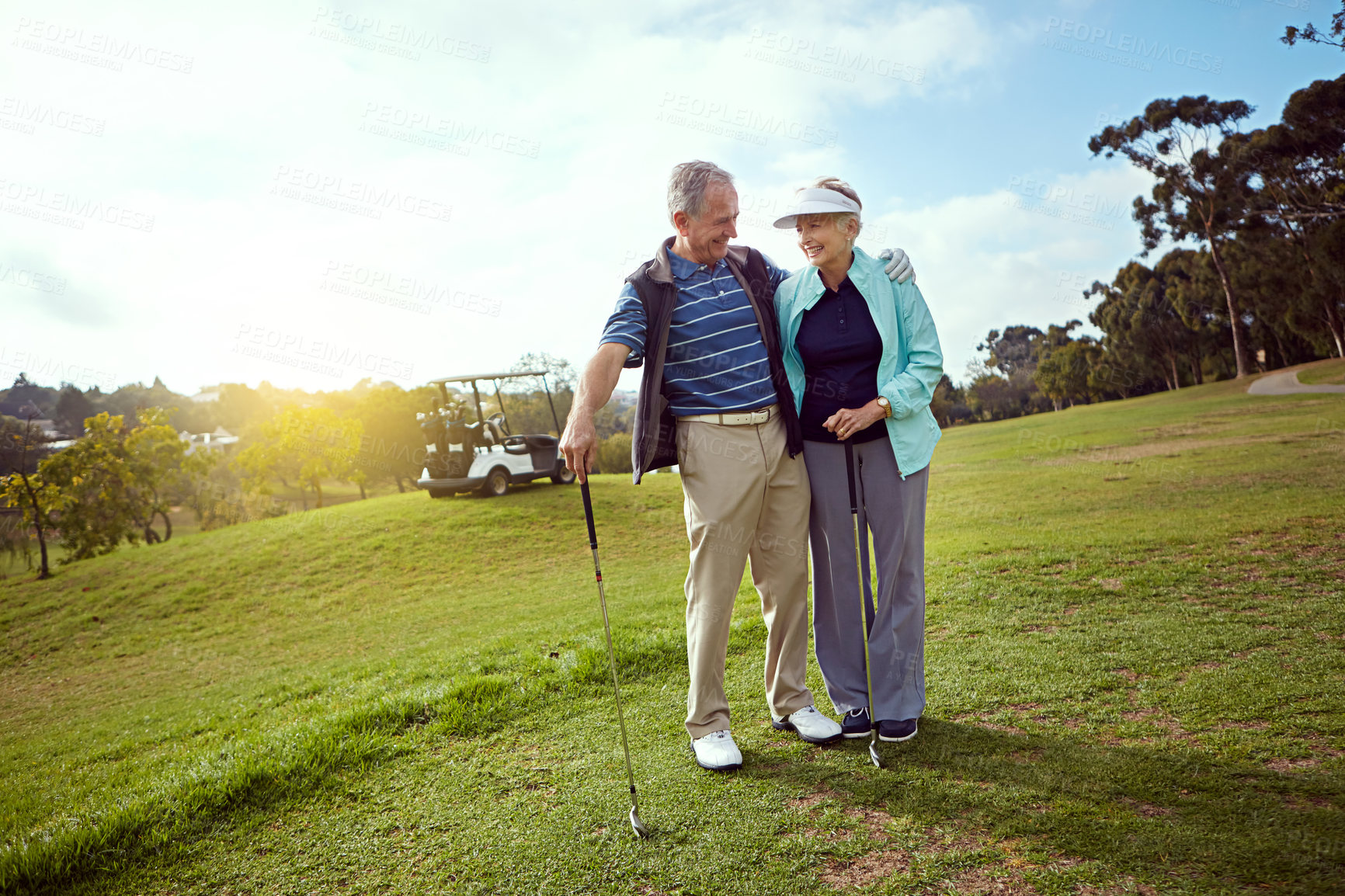 Buy stock photo Golf, love and retirement with senior couple outdoor on course together for leisure activity. Grass, hobby and mockup space with old people playing sports for bonding or recreation in summer