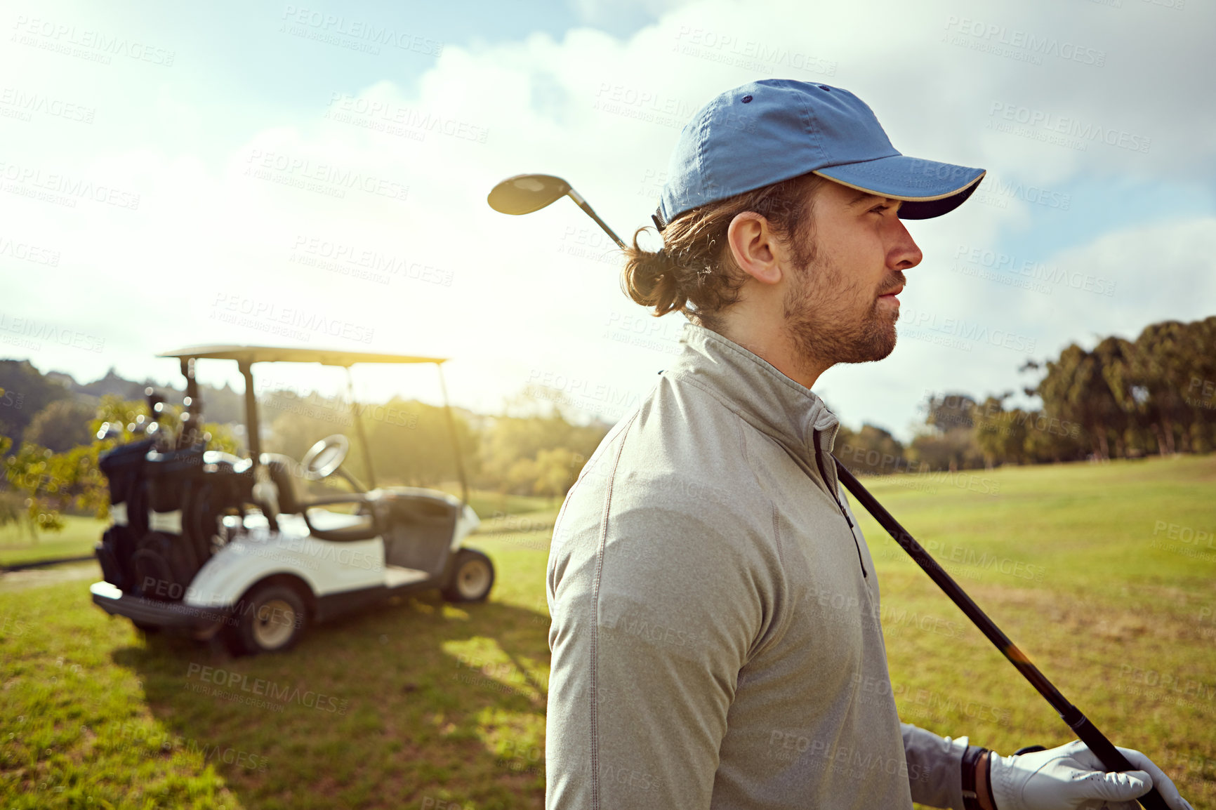 Buy stock photo Golf, thinking and man on course with cart, gear and driver with green grass and club for sport, Fitness, sun and competition of athlete, professional and game outdoor with exercise and golfer