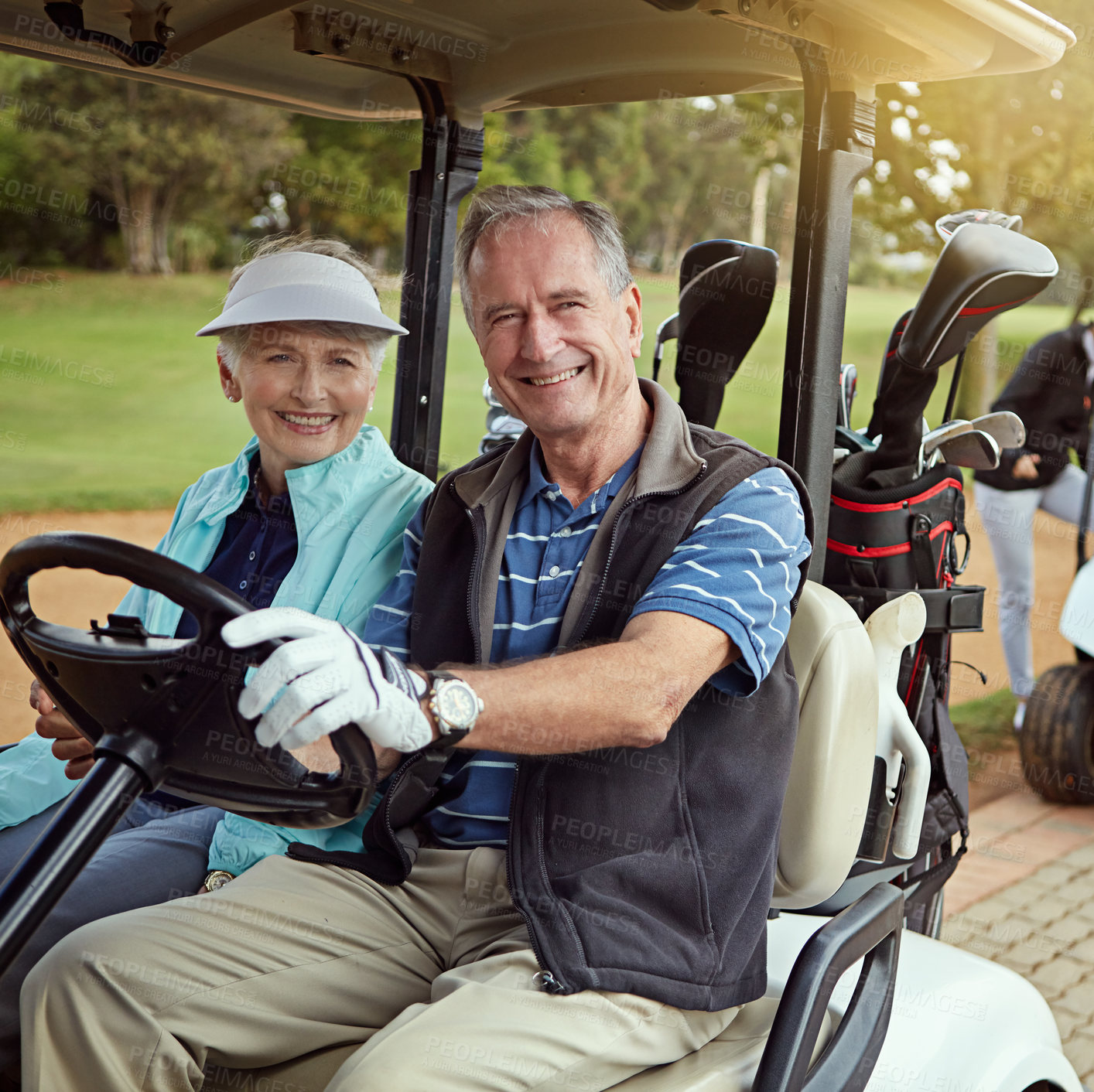 Buy stock photo Couple, senior and drive golf cart for sport, fun and recreation with weekend, bonding and outdoor. Old people, happy and portrait on course for game, practice and club competition with retirement