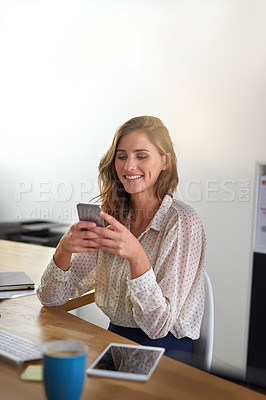 Buy stock photo Phone, happy and business woman in office texting, reading and checking app for message on wall background. Smartphone, communication and female person online for meme, social media or chatting
