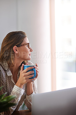 Buy stock photo Coffee, thinking and woman in home office with laptop, daydreaming and enjoy peaceful remote work break. Freelance, relax and female person with tea while working online on proposal plan or project