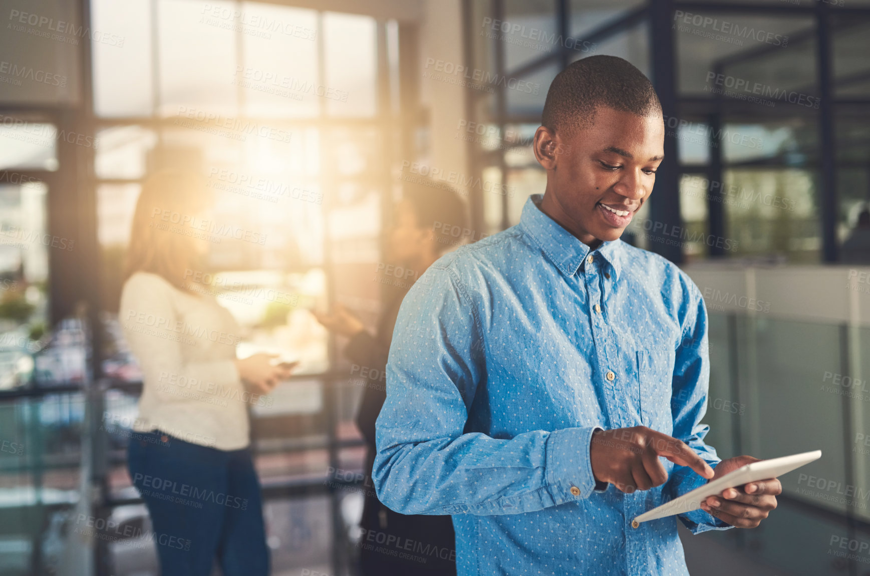 Buy stock photo Happy business and black man with tablet in office of project research, communication and financial report. Person, digital website and reading email, kpi information and feedback for proposal growth