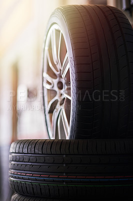 Buy stock photo Closeup shot of a pile of car tyres