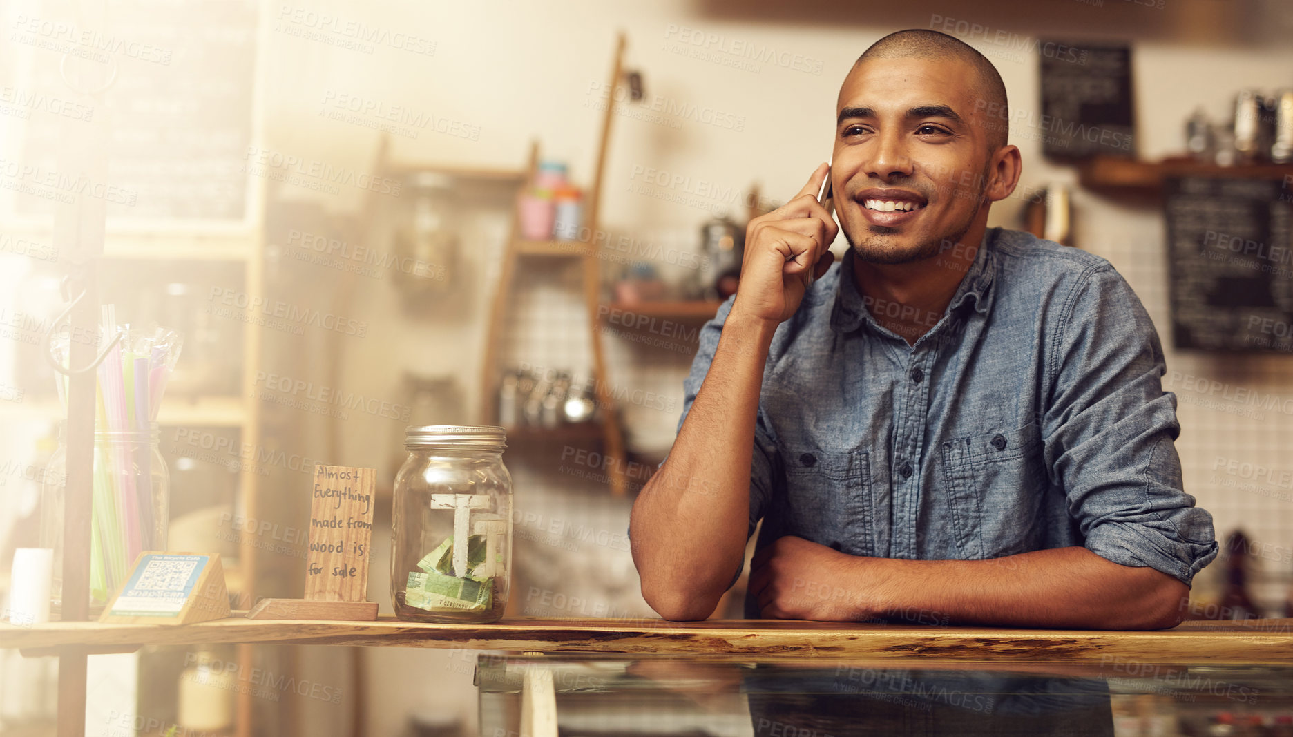 Buy stock photo Smile, phone call and man with startup success, connection and communication for planning. Male person, happy employee and business owner with happiness, conversation and discussion in store and shop