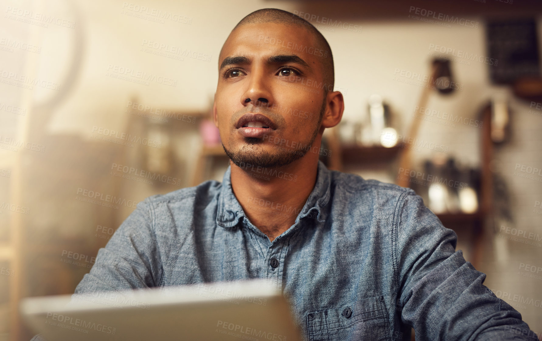 Buy stock photo Business owner, thinking and man in store, tablet and internet with connection, online reading and choice. Person, entrepreneur and employee with tech, digital app for invoice and problem solving