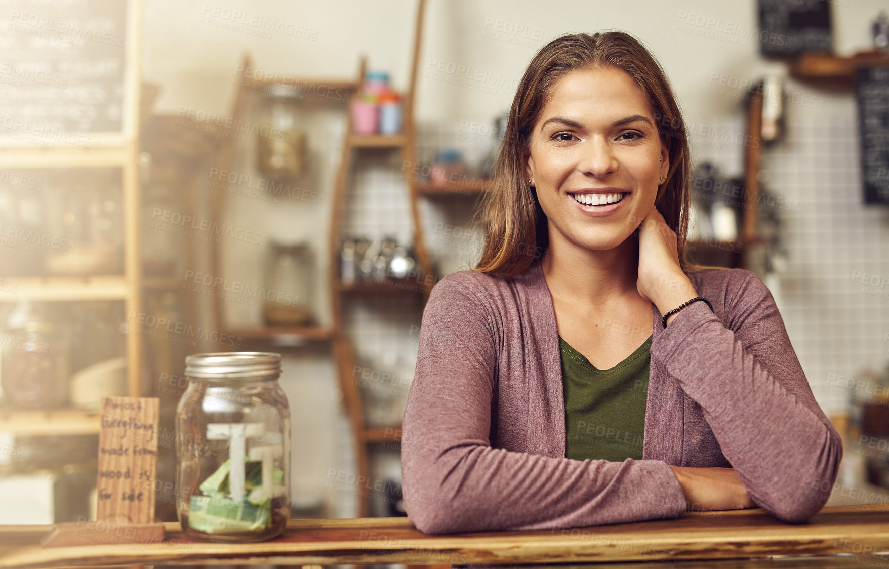 Buy stock photo Woman, portrait and coffee shop owner with smile, happy and working at cafe counter. Restaurant, small business and entrepreneur with confidence in retail store with waitress and hospitality job