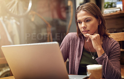 Buy stock photo Woman, laptop and working in coffee shop of bike repair store with internet search and email. Morning, computer and small business owner with digital, cafe and website update for online company page