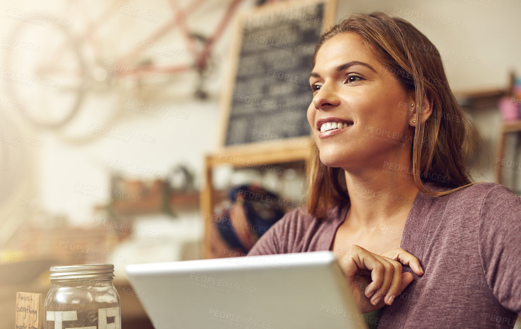 Buy stock photo Business owner, ideas and woman in coffee shop, tablet and internet with connection, choice and network. Person, entrepreneur or employee with tech, digital app for invoice and solution with decision