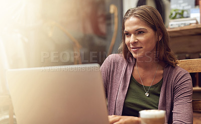 Buy stock photo Woman, relax and laptop with remote work in coffee shop and freelance website creator at cafe table. Internet, online and search of digital employee with company page update and email with technology