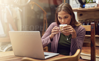 Buy stock photo Woman, relax and laptop with remote work with coffee at thrift shop and cafe. Internet, online and reading of digital employee with company page update and email with technology and hot drink