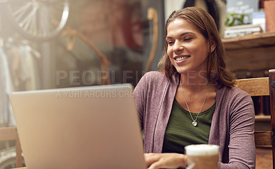 Buy stock photo Woman, laptop and work in coffee shop of bike repair store with internet search and email. Morning, computer and small business owner with digital, cafe and website update for online company page