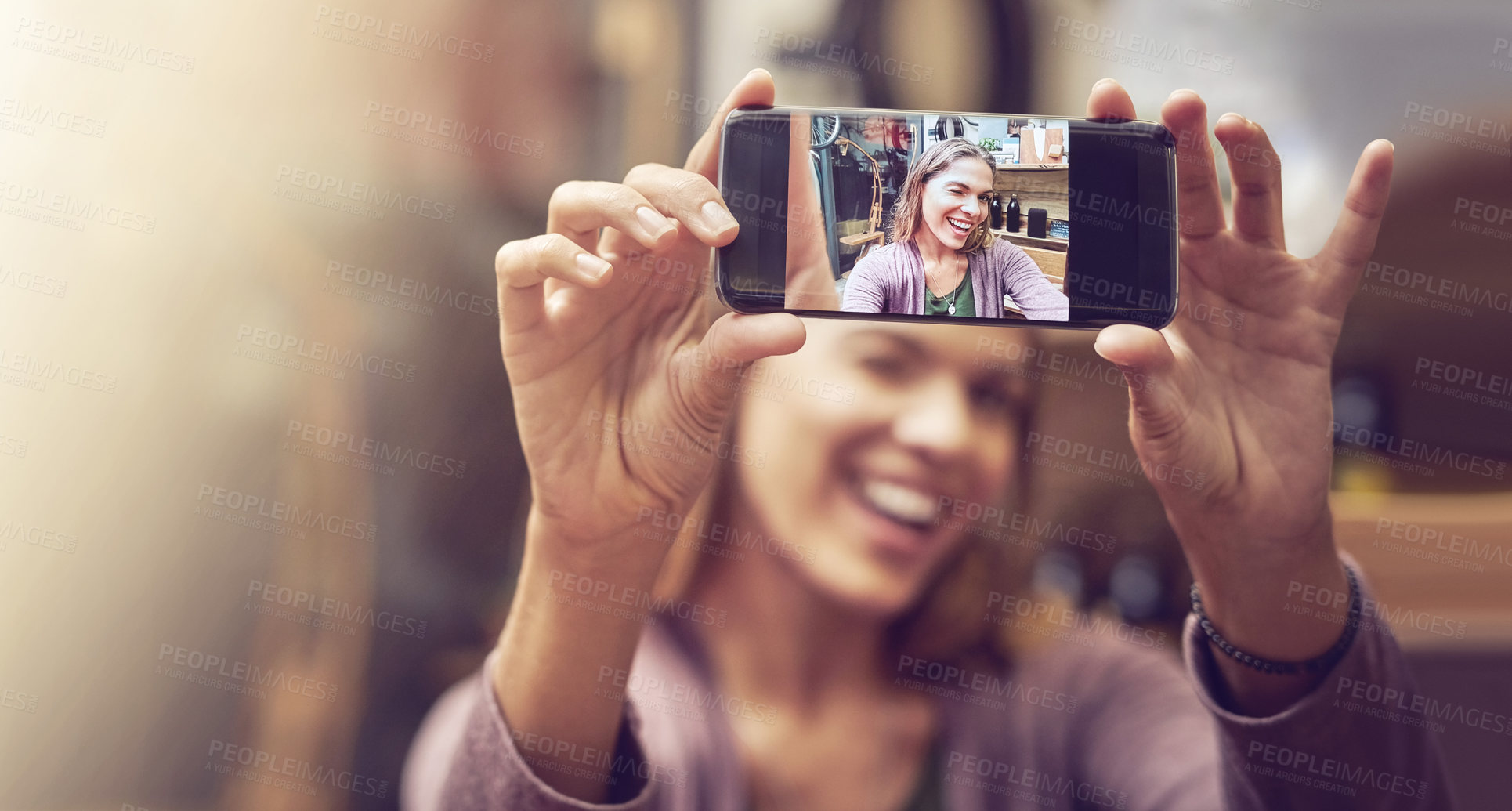 Buy stock photo Phone, screen and coffee shop selfie with woman customer, cafe smile or cappuccino beverage. Tea, internet and communication with student, profile picture or online post in restaurant or bistro