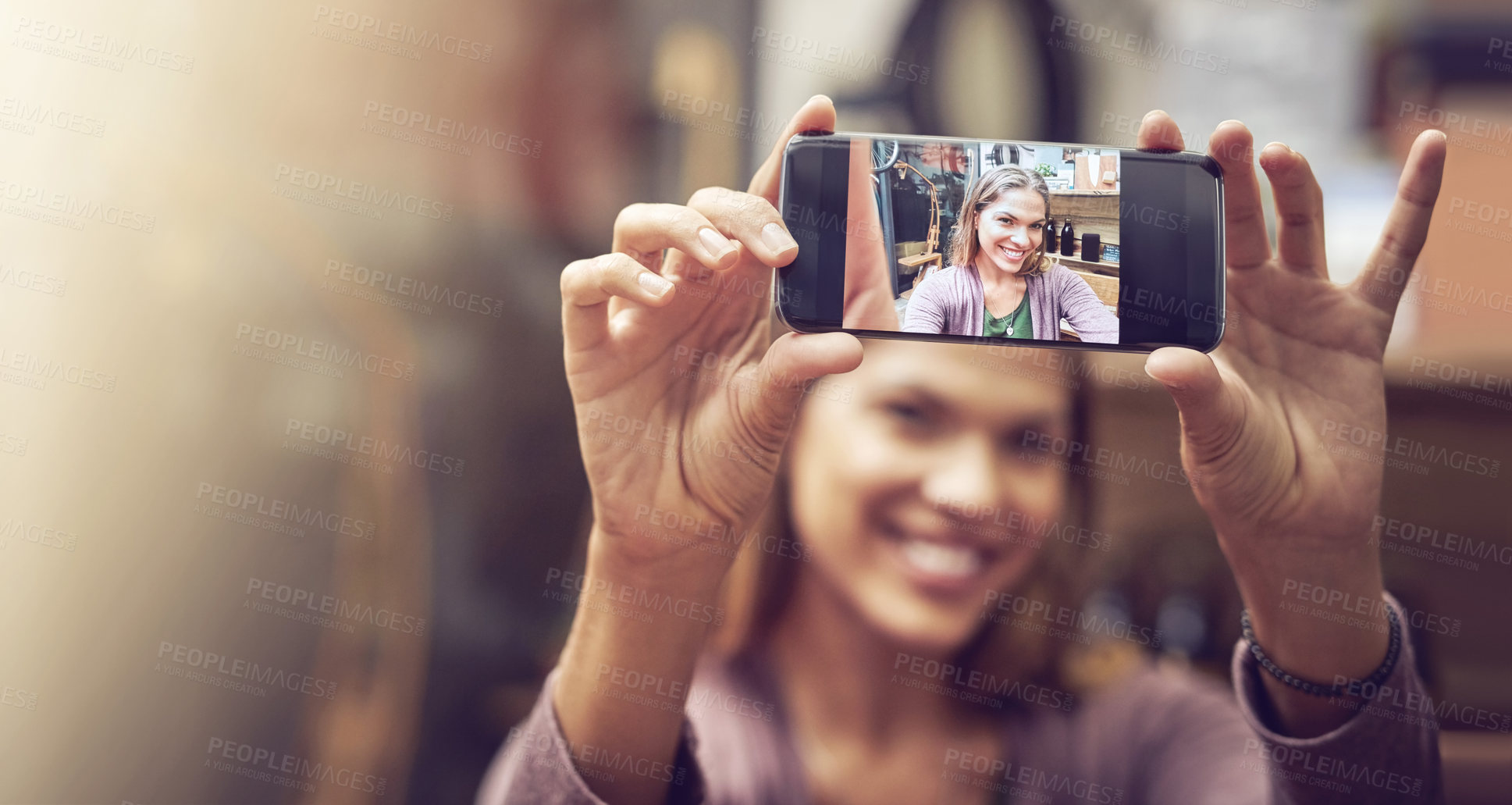 Buy stock photo Cellphone, screen and coffee shop selfie with woman customer, cafe smile or cappuccino beverage. Tea, internet and communication with student, profile picture or online post in restaurant or bistro