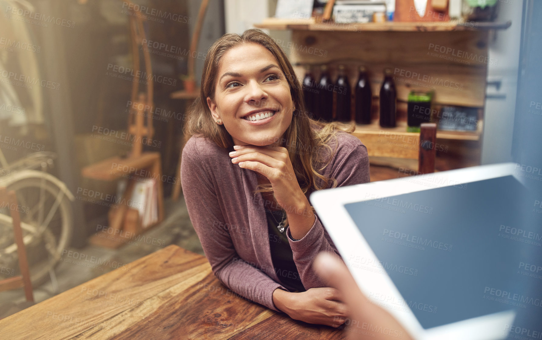 Buy stock photo Woman, waiter and customer with tablet, pride and comfort for weekend, relax and peace in cafe. Female person, coffee shop and tech for order in restaurant as happy for breakfast, beverage or morning