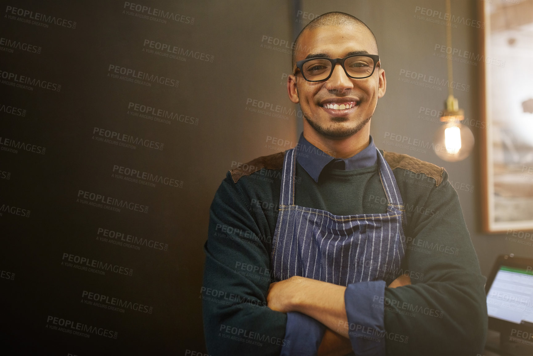 Buy stock photo African man, portrait and confident in restaurant for professional service, startup and career pride. Entrepreneur, happy and crossed arms as small business owner for ambition, coffee shop or welcome