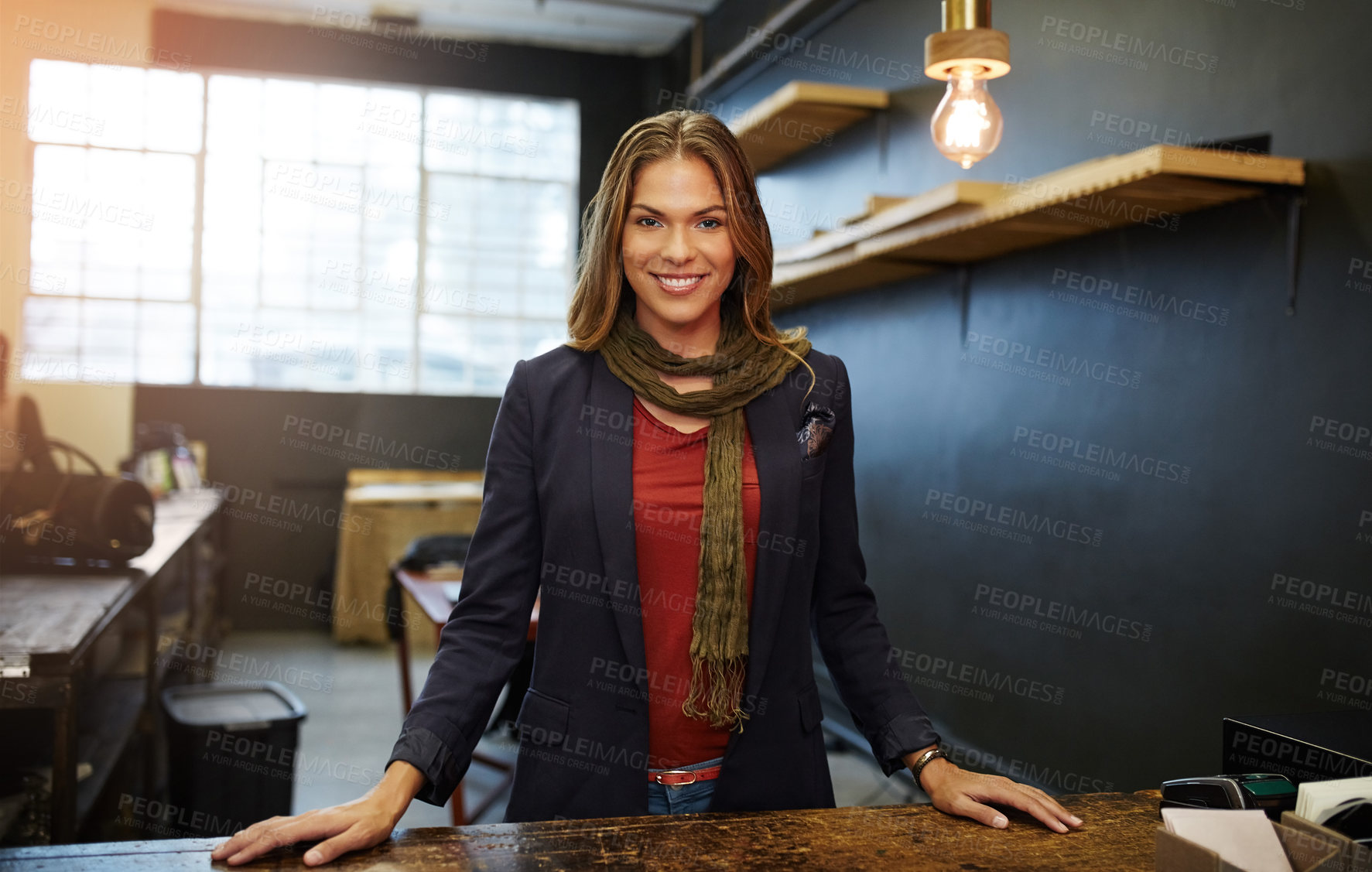 Buy stock photo Happy woman, portrait and pride in restaurant for professional service, startup and career confidence. Entrepreneur, smile and mission as small business owner for ambition, coffee shop and welcome