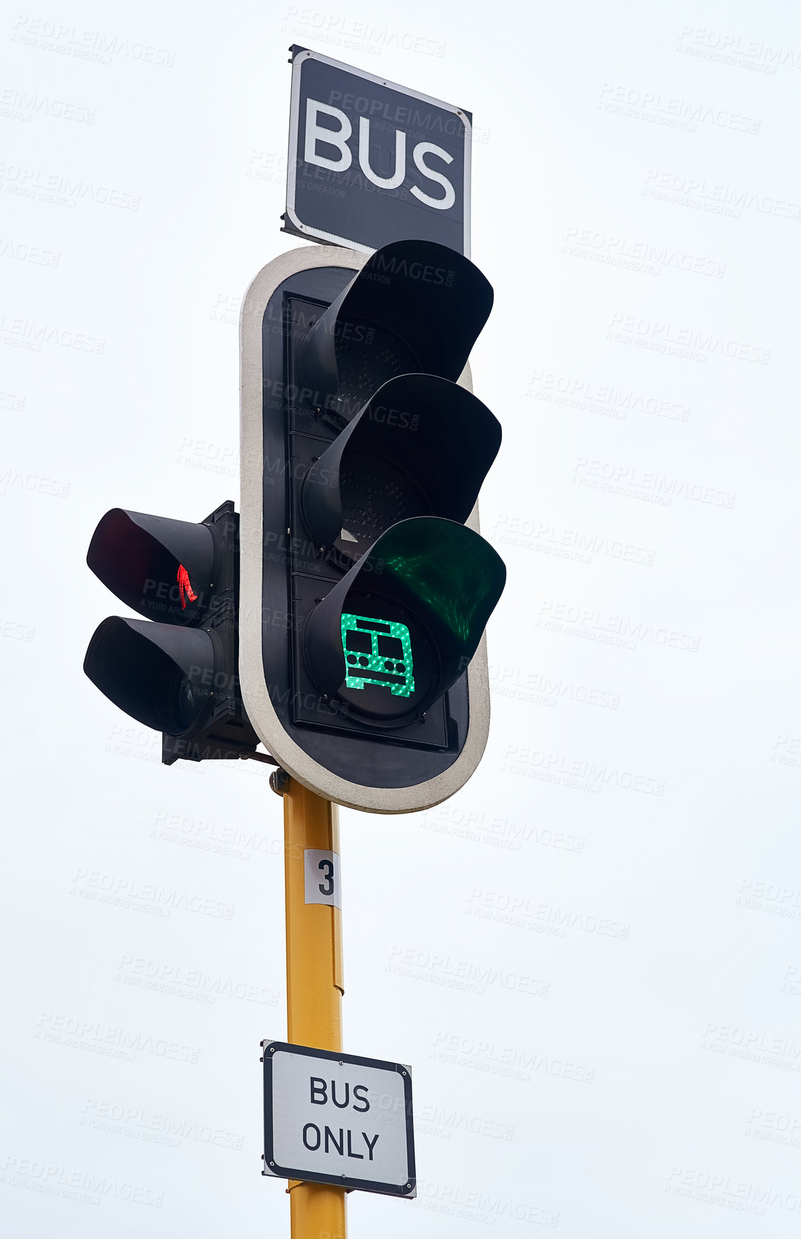 Buy stock photo Traffic light, green and bus at street intersection for caution warning or safety, downtown or city. Sign, transport and driving rules for urban security or road travel, direction or infrastructure