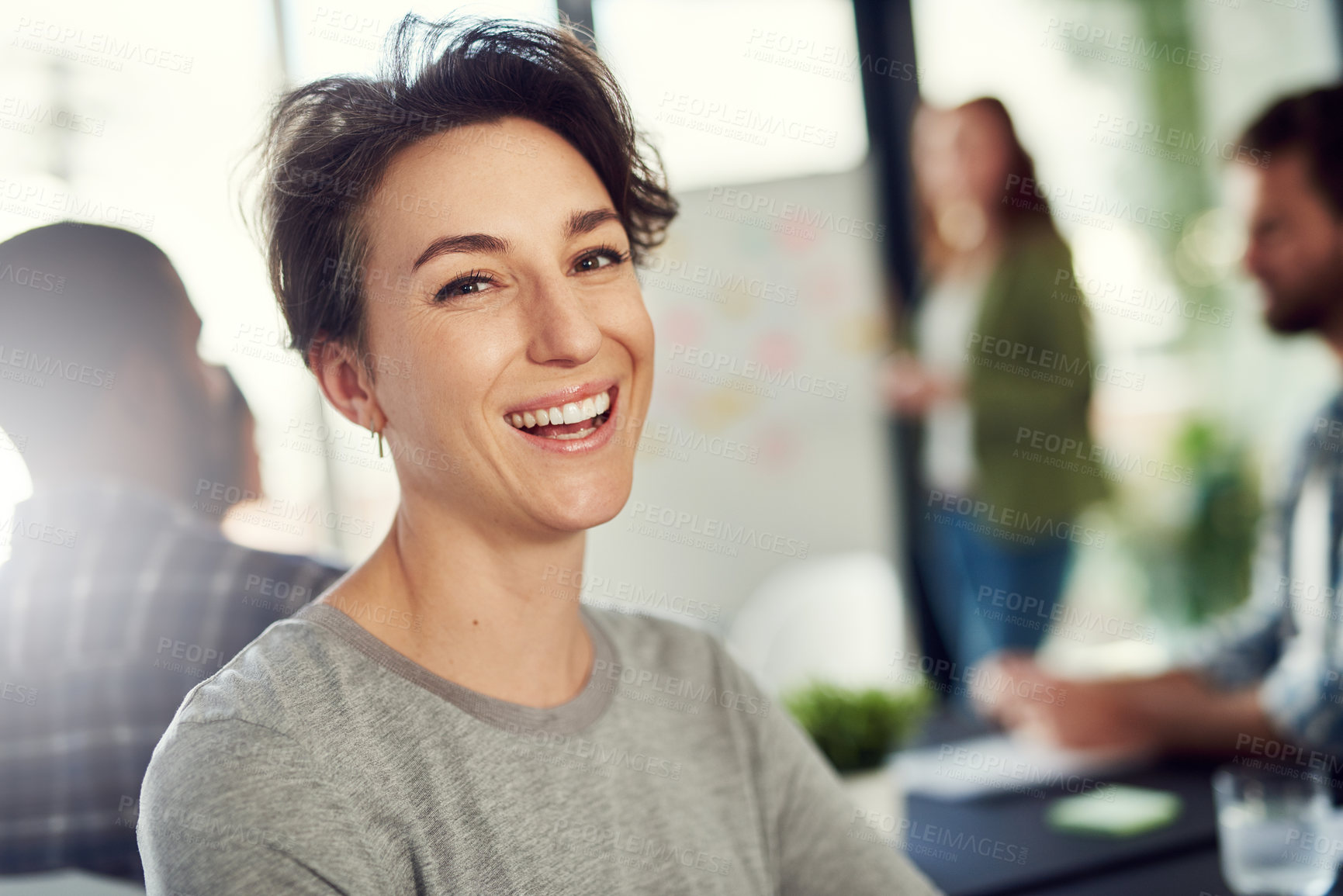 Buy stock photo Presentation, portrait and happy woman with smile in startup for training, coaching or learning. Face, laughing and employee in workshop skills development, education opportunity or career growth