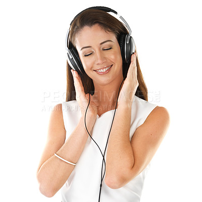 Buy stock photo Smile, music and woman on headphones in studio for streaming and listening to audio online isolated on white background. Eyes closed, radio tech and happy girl on podcast, sound or jazz to relax
