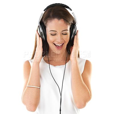 Buy stock photo Music, excited and woman on headphones in studio for streaming and listening to audio online isolated on white background. Eyes closed, radio tech and happy girl on podcast or singing jazz to relax
