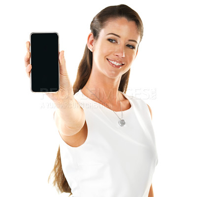 Buy stock photo Smartphone, mockup and portrait of woman isolated on a white background for fashion e commerce, sale or promotion space. Happy person or model with gen z clothes on digital tech screen in studio