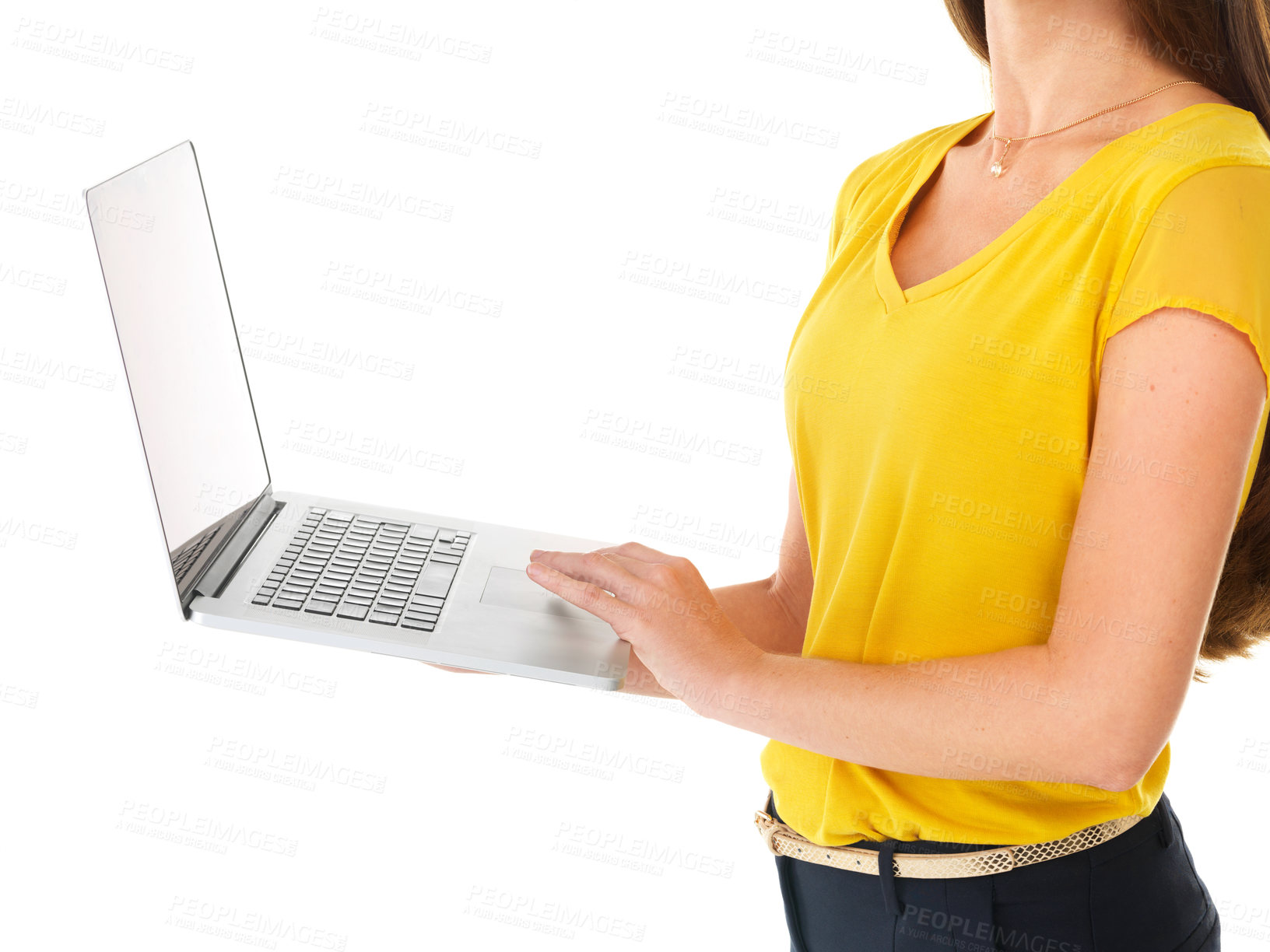 Buy stock photo Woman hands, fashion and laptop in studio for advertising, research and social media on white background. Person scrolling, computer and creative for ecommerce website, information and web design