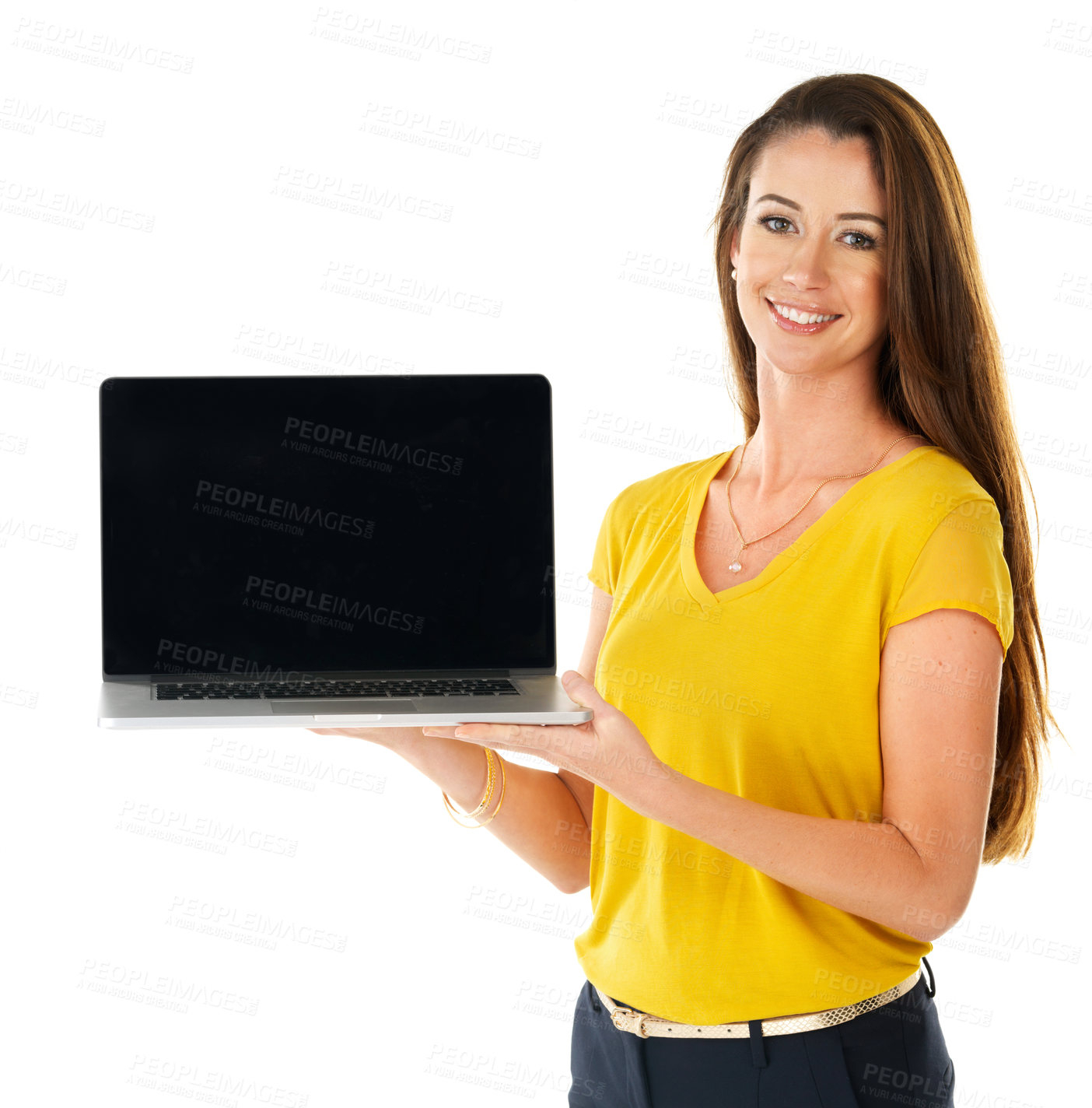 Buy stock photo Laptop, mockup and portrait of woman isolated on a white background for fashion e commerce, sale or promotion space. Happy person or model with gen z clothes on digital tech screen in studio