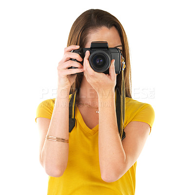 Buy stock photo Woman, photographer and studio in white background with camera as student in journalism, media or photography. Female person, technology and confidence as artist with creativity, passion and pride