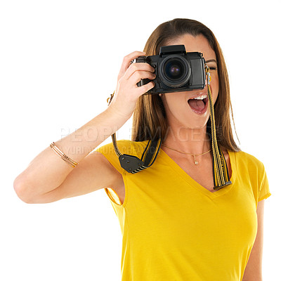 Buy stock photo Woman, photographer and studio in white background with camera as student in journalism, media or photography. Female person, tech and confidence as artist with creativity, passion and expression