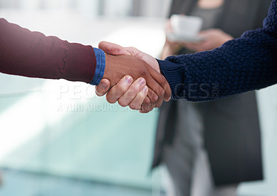 Buy stock photo Welcome, handshake and business people on office building closeup for contract, offer or deal negotiation. Hello, thank you or men shaking hands for onboarding intro, recruitment or b2b networking