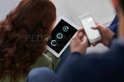 Buy stock photo Tablet, smartphone and people connection display, screen and digital contact, social media or teamwork. Businesspeople, technology or tap touchscreen for web design as mobile collaboration in office