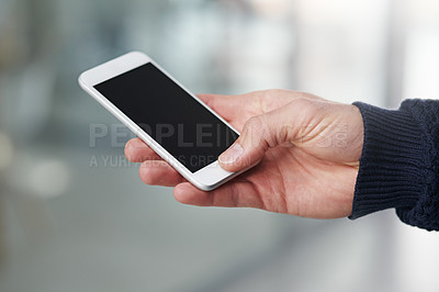 Buy stock photo Person, hand and phone with mockup screen for advertising, marketing or app display at the office. Closeup of user touching or typing on mobile smartphone for online search, browsing or scrolling