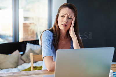 Buy stock photo Headache, home office and woman with stress working on a freelance project with a laptop. Burnout, remote work and female freelancer with migraine in pain doing research at desk or workspace at house